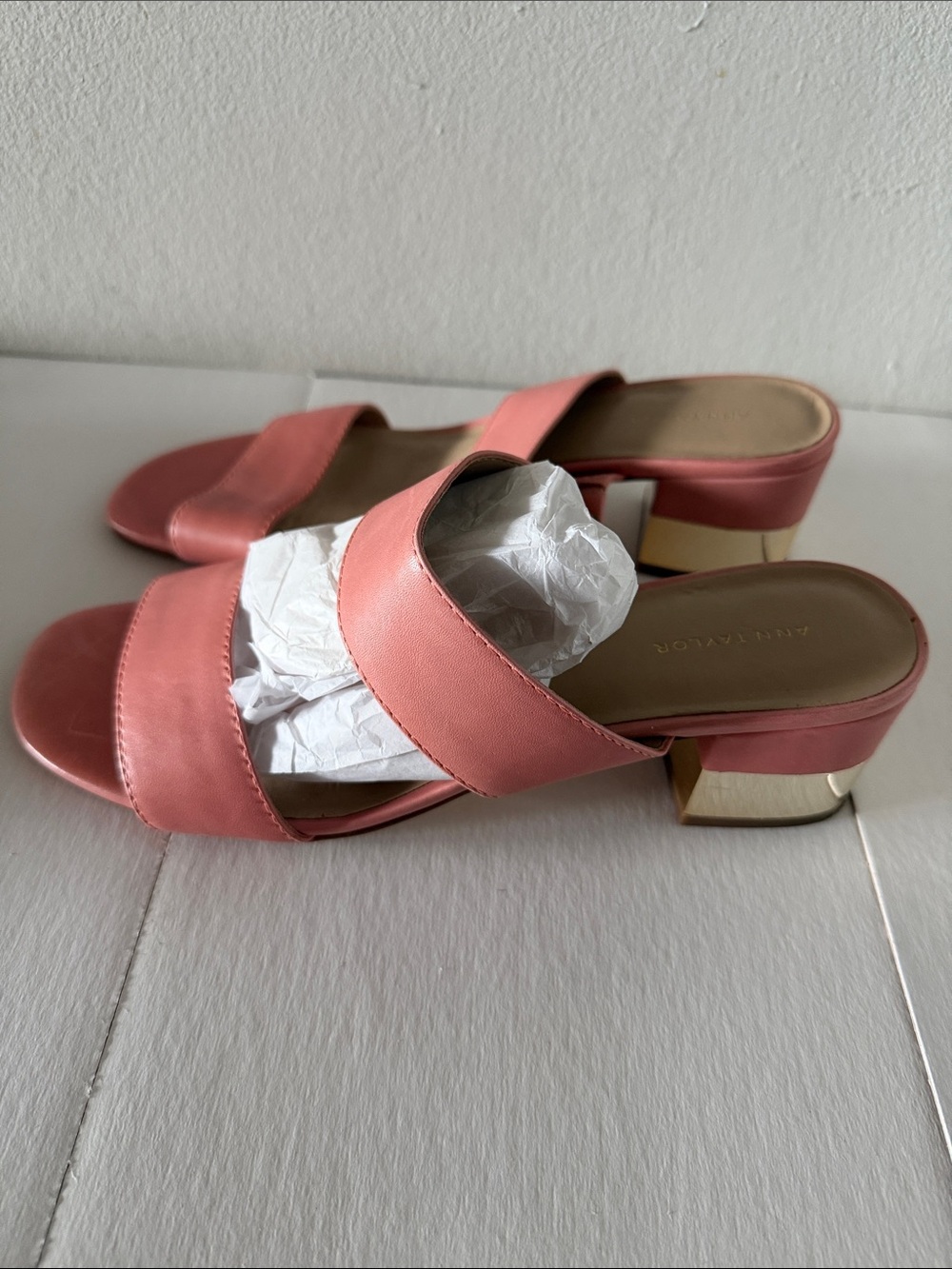 Ann Taylor Coral Heel Sandals with Gold Accent Block Heel